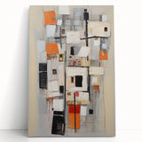 Abstract strokes wall art canvas featuring vibrant blue, orange, and yellow colors, leaning against a neutral wall, adding a modern decor touch to any space.