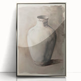 Mid-century modernist art deco poster in silver frame, featuring geometric shapes in muted tones.