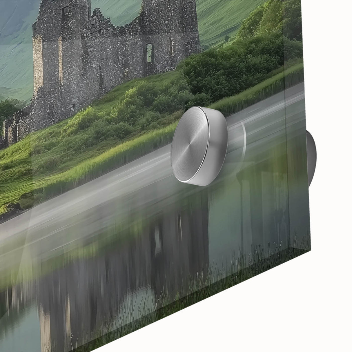 Close-up of an acrylic landscape artwork depicting a castle surrounded by lush greenery, showcasing vibrant colors and detailed textures, ideal for home decor.