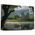 Acrylic glass artwork showcasing an intricate landscape with a castle, viewed from the side and secured with pins, perfect for home décor. This vibrant piece adds elegance and charm to any space.
