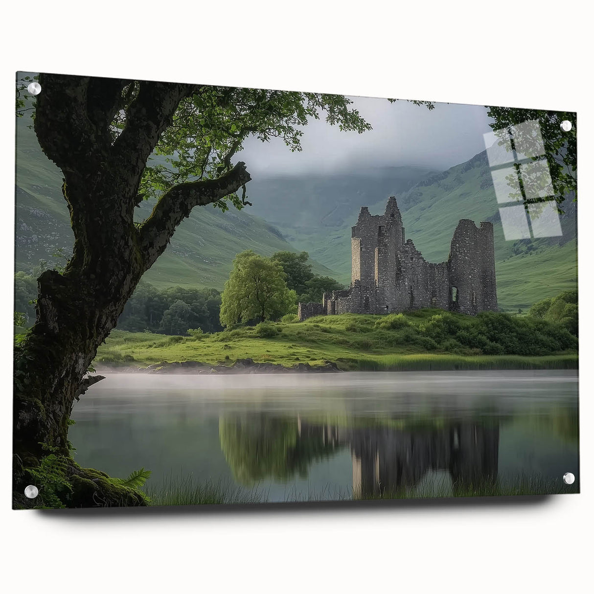 Acrylic glass artwork showcasing an intricate landscape with a castle, viewed from the side and secured with pins, perfect for home décor. This vibrant piece adds elegance and charm to any space.