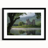 Black-framed landscape artwork featuring an intricately designed castle scene, elegantly matted for a sophisticated display, perfect for home decor or office settings.