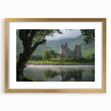 Gold-framed landscape art print depicting a majestic castle, elegantly matted for a sophisticated display, ideal for home decor and interior design inspiration.