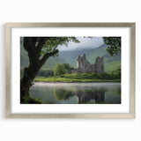 Elegant silver-framed landscape artwork showcasing a majestic castle surrounded by lush greenery, complete with a mat for a sophisticated presentation. Ideal for home decor enthusiasts.