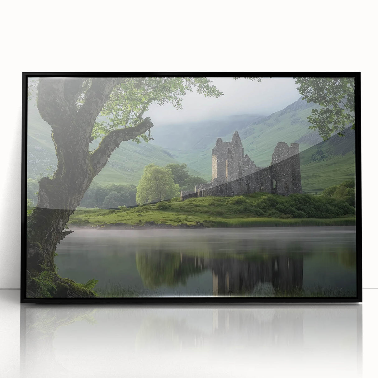 Framed acrylic artwork depicting a detailed landscape of a majestic castle, presented in a sleek black frame, ideal for home decor and art enthusiasts.
