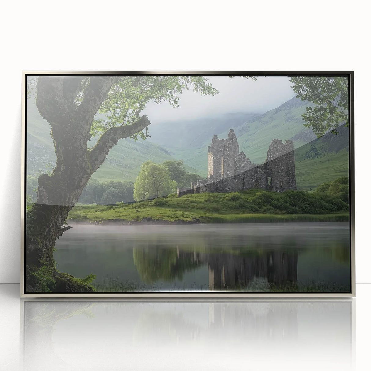 Framed acrylic artwork showcasing a detailed landscape of a majestic castle, set in a silver frame, ideal for enhancing home decor with elegance.
