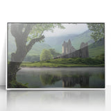 Framed acrylic landscape artwork showcasing a majestic castle surrounded by lush greenery, set in a sleek white frame, ideal for home decor enthusiasts.