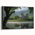 Framed canvas artwork showcasing a stunning landscape with a majestic castle, featuring a sleek black frame and a side view that highlights the intricate details and vibrant colors, perfect for home decor enthusiasts.