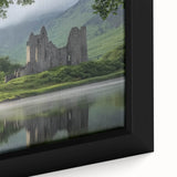 Close-up of a framed canvas artwork depicting a serene landscape with a castle, showcasing intricate details and vibrant colors, perfect for home decor.