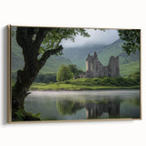 Framed canvas artwork showcasing a stunning landscape with a majestic castle, accented by a gold frame, perfect for enhancing home decor with elegance.