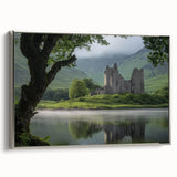 Framed canvas artwork showcasing a stunning landscape of a castle, elegantly bordered in silver, highlighting intricate details and vibrant colors, perfect for home decor.