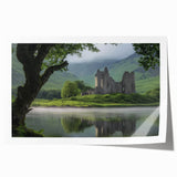 Rolled print showcasing a vibrant landscape of a majestic castle surrounded by lush greenery and a clear blue sky, designed for art enthusiasts and home decor lovers.