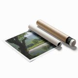 Rolled print showcasing a vibrant, detailed landscape of a majestic castle surrounded by lush greenery, perfect for home decor or art enthusiasts. The artwork is carefully packaged in a protective tube for safe delivery.