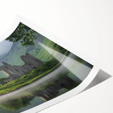 Rolled print showcasing a stunning landscape of a majestic castle under a vibrant blue sky, intricately designed with rich colors, perfect for home decor.