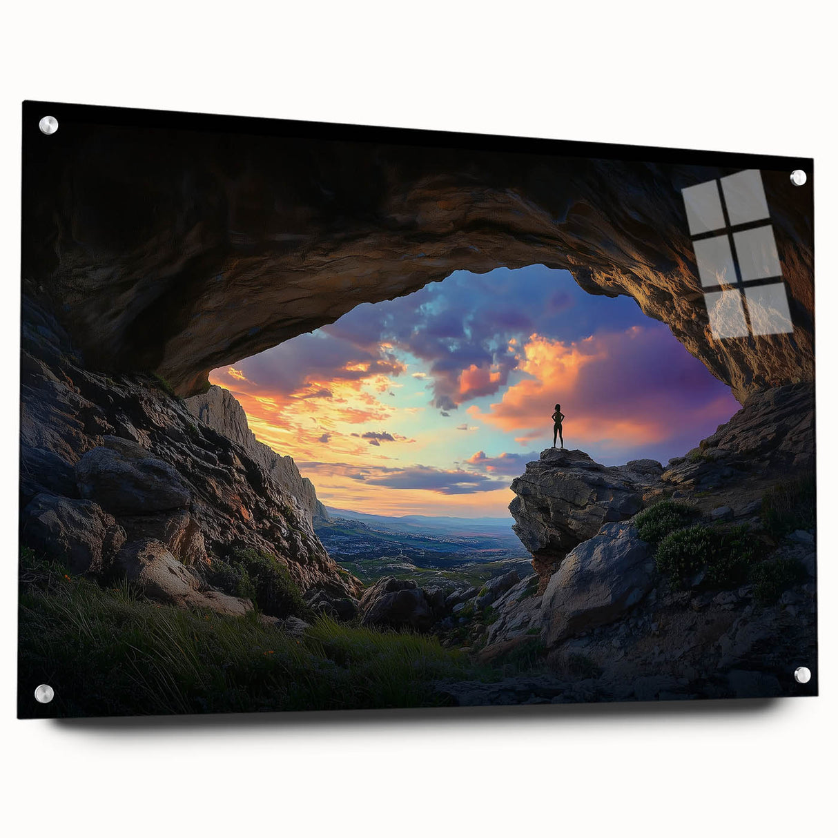 Acrylic and glass landscape artwork showcasing a cave scene, displayed from a side view with decorative pins holding it in place, perfect for modern decor.