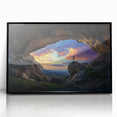 Framed acrylic artwork depicting a vibrant landscape with caves, featuring a sleek black frame, ideal for modern home decor. Perfect for nature enthusiasts.