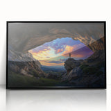 Framed acrylic artwork depicting a vibrant landscape with caves, featuring a sleek black frame, ideal for modern home decor. Perfect for nature enthusiasts.