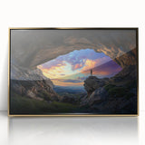 Framed acrylic artwork showcasing a stunning landscape cave scene with vibrant gold accents, perfect for modern home decor or art enthusiasts.