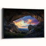 Framed canvas artwork depicting a stunning landscape with intricate cave details, featuring a sleek black frame that enhances the visual appeal for home decor. Ideal for art lovers seeking unique wall decor.