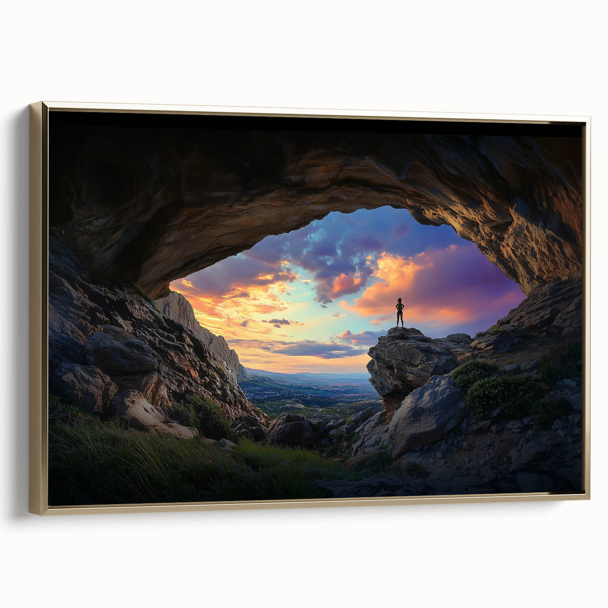 Framed canvas art depicting a stunning landscape with cave formations, featuring a gold frame that enhances its natural beauty. Ideal for home decor.