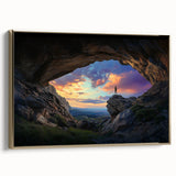 Framed canvas art depicting a stunning landscape with cave formations, featuring a gold frame that enhances its natural beauty. Ideal for home decor.