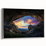 Framed canvas artwork depicting a stunning landscape of caves, featuring intricate details and a silver frame, ideal for modern home decor or office spaces.