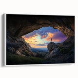 Framed canvas art depicting a serene landscape with caves, featuring earthy tones and intricate details, ideal for enhancing home decor and creating a tranquil atmosphere.