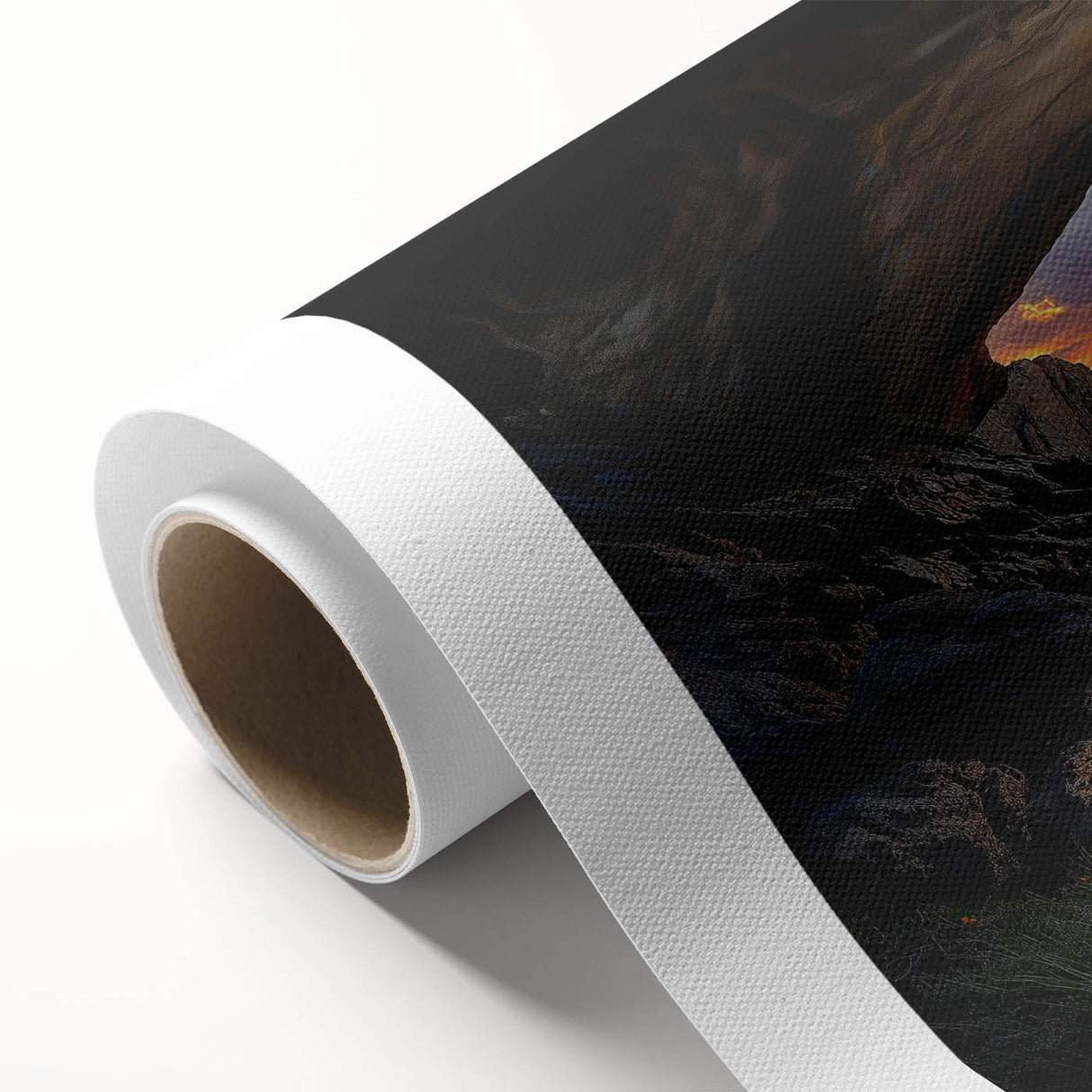 Rolled canvas showcasing a vibrant landscape design with caves and natural formations, featuring rich colors and textures, ideal for home decor or art enthusiasts.