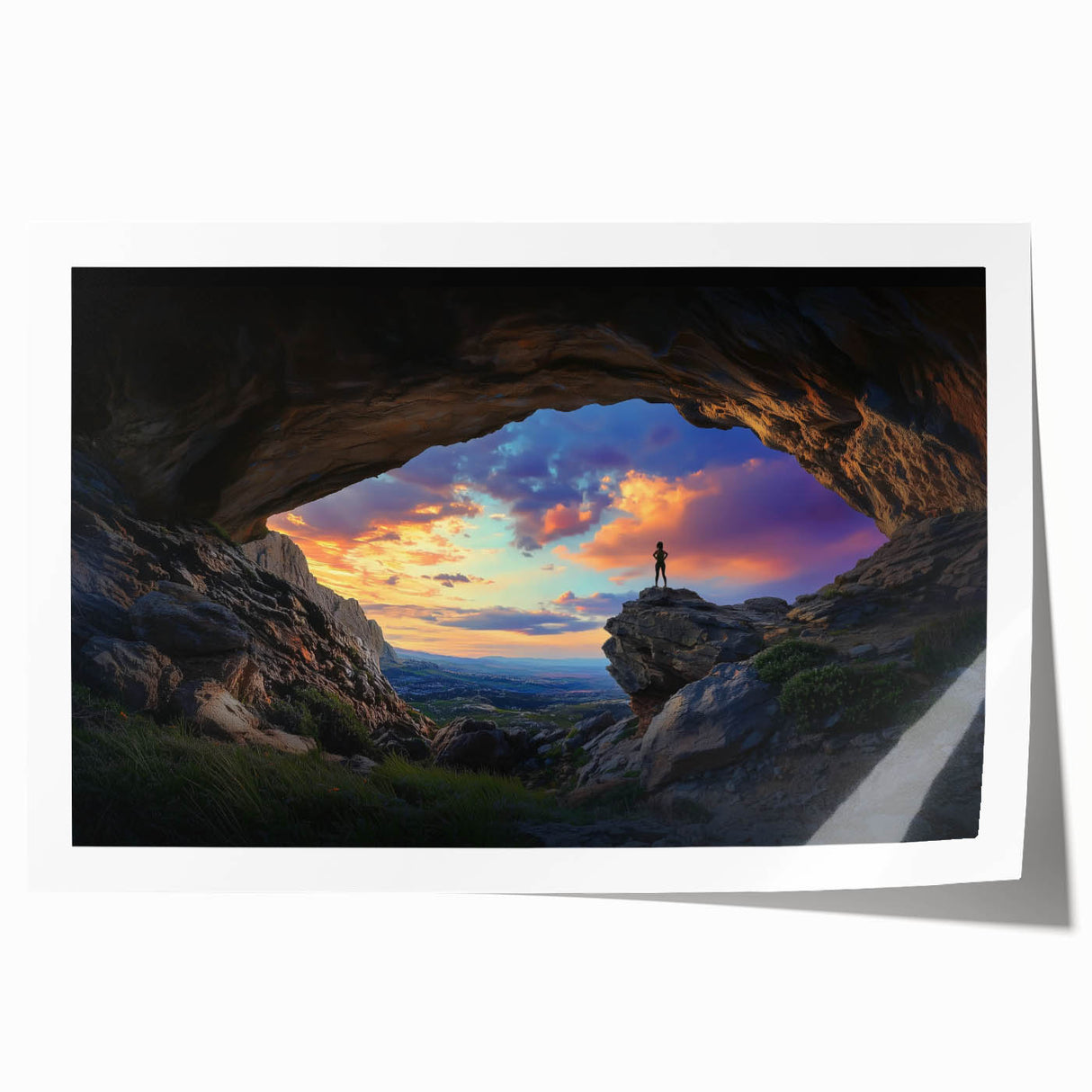 Vibrant rolled print showcasing an intricate landscape design with caves, featuring earthy tones and a textured finish, packaged securely in a cardboard tube for easy shipping and display.
