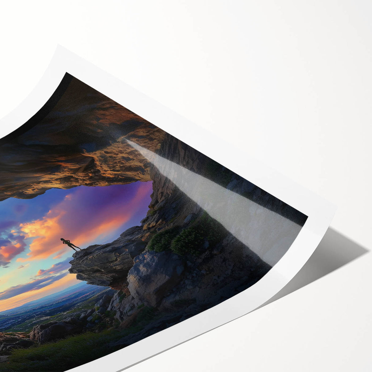 Rolled print showcasing a vibrant landscape scene with intricate cave formations, designed for wall art display, wrapped securely in a protective tube.