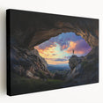 Stretched canvas artwork depicting a vibrant landscape with intricate cave formations, showcasing rich colors and textures, ideal for enhancing home decor.