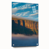 Stunning acrylic glass artwork depicting a serene landscape of towering cliffs, showcasing vivid colors and intricate details, ideal for modern home decor.