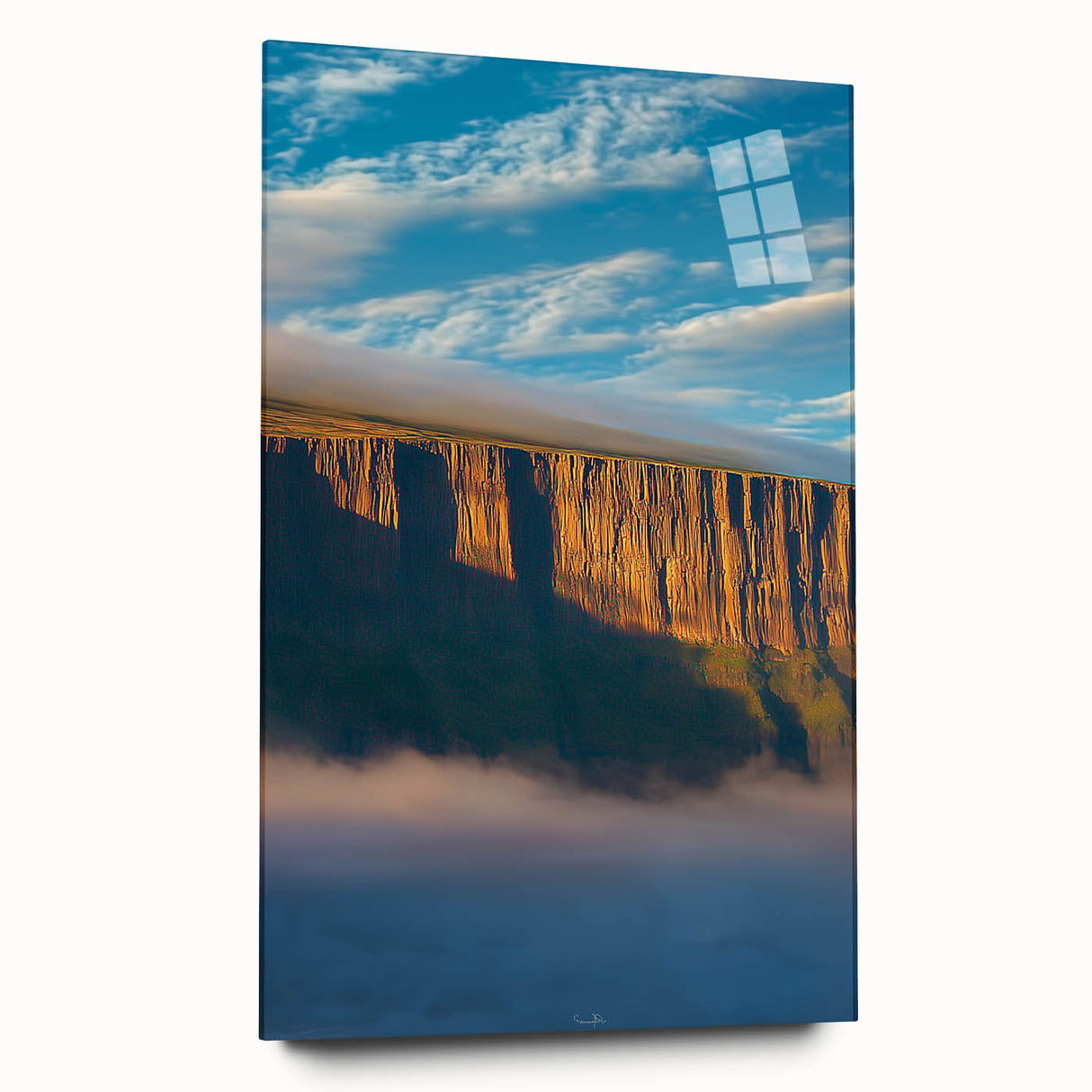 Acrylic glass artwork showcasing a stunning cliff landscape, presented in a side view without pins, perfect for modern home decor with vibrant colors.