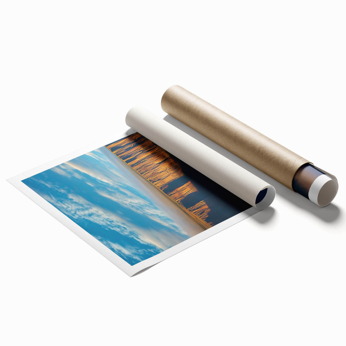 Rolled print showcasing a stunning landscape of towering cliffs against a vibrant sky, ideal for home decor or office space, securely packaged in a protective tube.