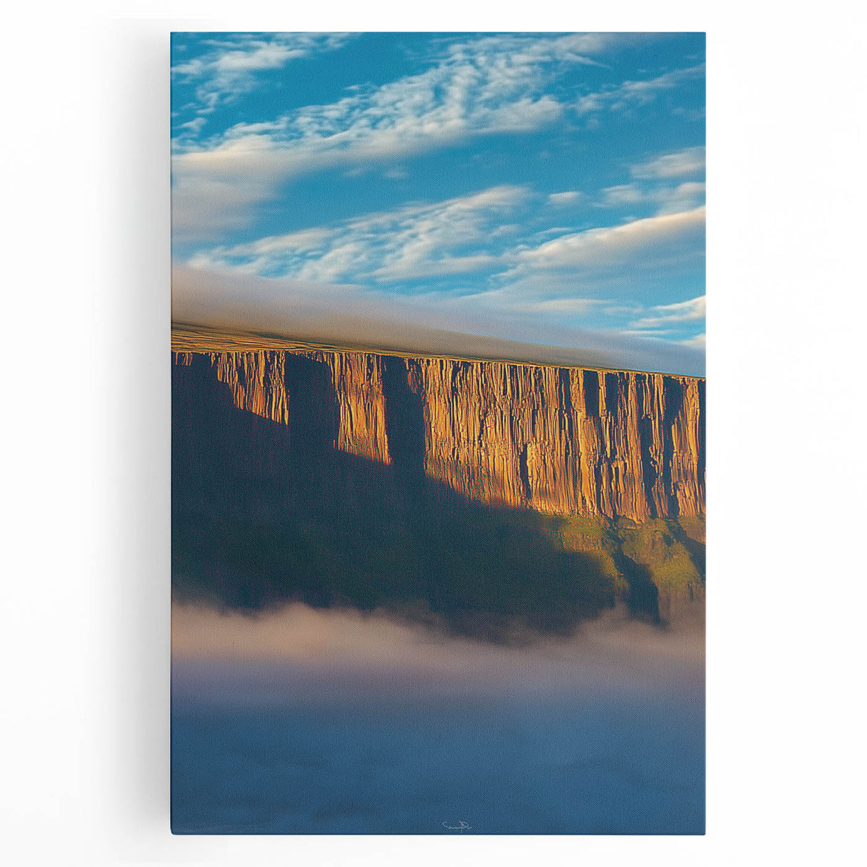 Stretched canvas artwork depicting vibrant landscapes with majestic cliffs, showcasing rich colors and intricate details, perfect for home decor accents.