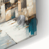 Close-up of abstract architecture wall art featuring vibrant colors and geometric shapes on acrylic glass, emphasizing modern design aesthetics for contemporary decor.