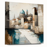 Abstract architectural wall art piece displayed in a sleek acrylic frame, showcasing vibrant geometric patterns in blue and gold, perfect for modern decor.