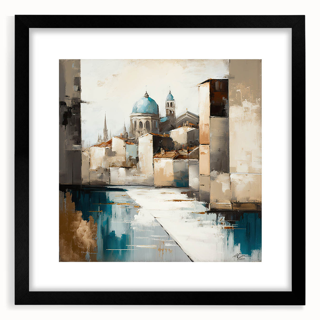 Abstract architecture wall art framed with a black mat, showcasing geometric shapes and modern design elements, perfect for contemporary home decor.