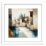 Abstract architectural wall art framed in white with a mat, showcasing geometric shapes and vibrant colors, ideal for modern home decor. The artwork adds a contemporary touch to any space, enhancing aesthetic appeal.