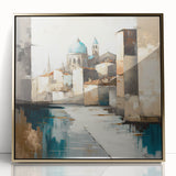 Framed acrylic wall art showcasing an abstract architecture design with gold accents, set against a sleek black background, perfect for modern decor.