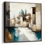 Framed black abstract architecture wall art canvas showcasing geometric shapes and lines, ideal for modern home decor, presented in a side view.