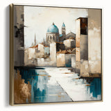 Framed wall art featuring an abstract architectural design in silver and gold tones, showcasing geometric shapes and modern aesthetics, perfect for contemporary decor.