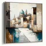 Framed canvas wall art showcasing an abstract architectural design in silver tones, elegantly displayed from a side view, perfect for modern home decor.