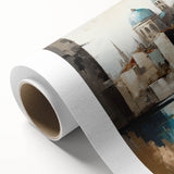 Abstract architectural wall art on rolled canvas, showcasing vibrant colors and geometric patterns, perfect for modern home decor, presented in a protective cardboard tube.