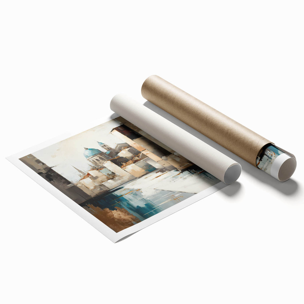 Abstract architecture wall art print showcasing vibrant geometric shapes in blue, orange, and yellow tones, ideal for modern home decor. The rolled artwork is elegantly packaged for easy display and protection.
