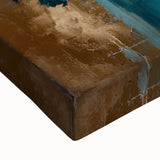 Close-up of abstract architectural wall art on stretched canvas, showcasing intricate geometric patterns in vibrant colors, ideal for modern home decor.