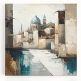 Abstract architecture wall art on stretched canvas, showcasing dynamic geometric shapes in vibrant colors, perfect for modern home decor or office spaces.