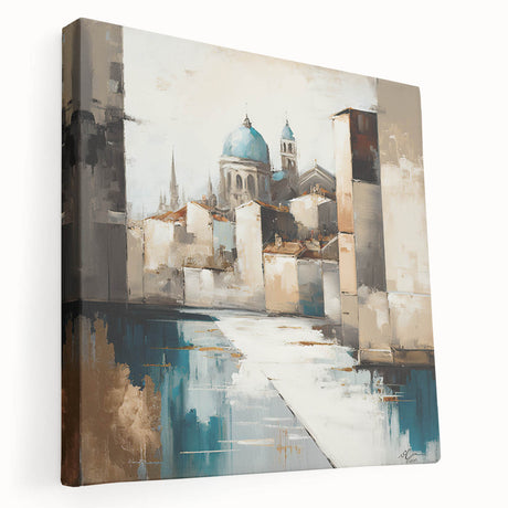 Stretched canvas artwork showcasing a vibrant abstract architecture design with geometric shapes and bold colors, ideal for modern home decor.