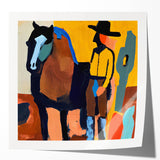 Abstract figurative wall art print showcasing vibrant colors and dynamic shapes, displayed in a glossy finish, perfect for modern home decor.