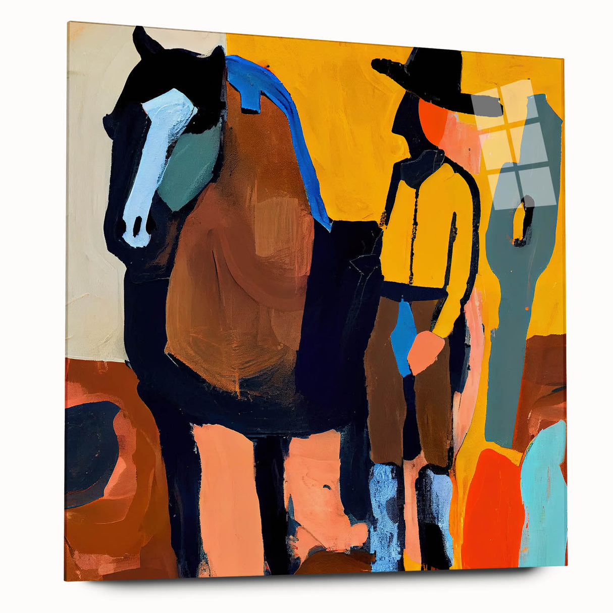Abstract figurative wall art displayed in an acrylic glass frame, showcasing vibrant colors and dynamic shapes, ideal for modern home decor.
